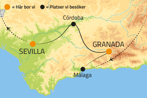 Geografisk karta ver Antequera och Malaga i Andalusien.